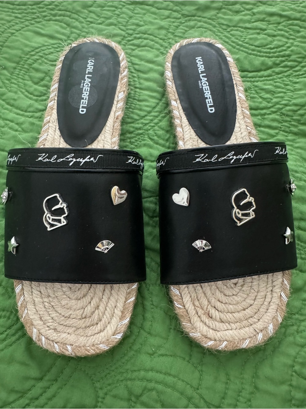 Karl Lagerfeld Black Embellished Espadrille Slide Mules
